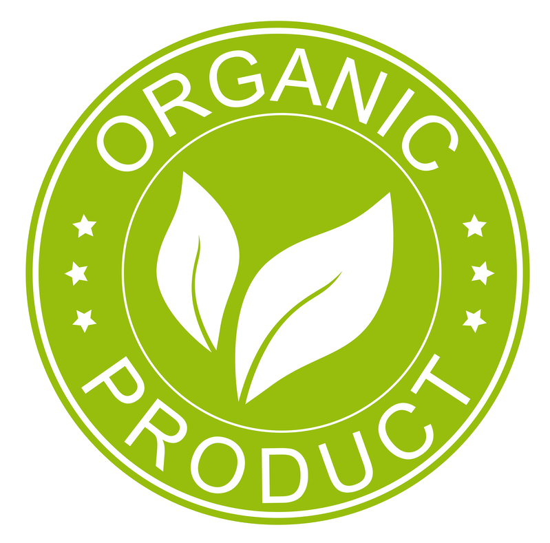 Organic Product icon.  green icon with white letters and two leaves.