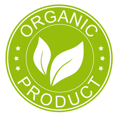 Organic Product icon.  green icon with white letters and two leaves.